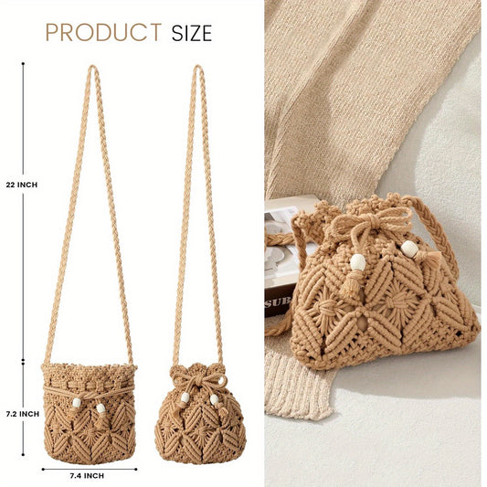 Boho Chic Crochet Crossbody Bag for Women - Woven Nylon Summer Purse with Tassel Fringe, Snap Closure & Oil-Edged Trim, White Handbag for Casual Outings & Festivals