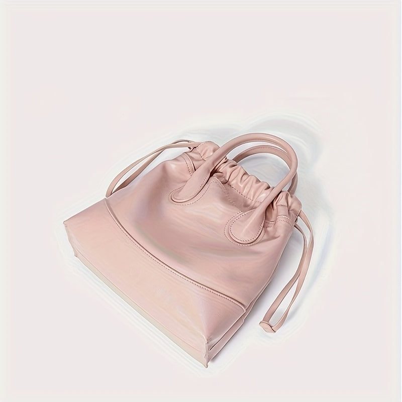 2025 New Women'S Genuine Faux Leather Bucket Bag - Pink Geometric Pattern Commuter Handbag with Adjustable Shoulder Strap, Multiple Compartments & Secure Buckle Closure for Work, Travel, Everyday Use, Versatile Travel Bag, Durable Synthetic Faux Leather