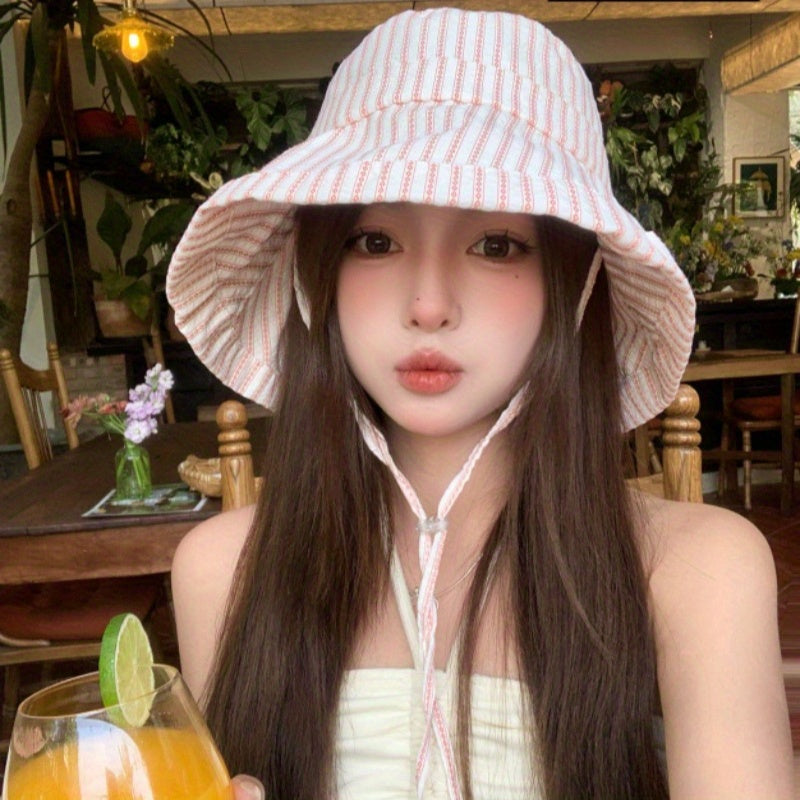 Women's Wide Brim Striped Bucket Hat with Adjustable Neck Strap - Summer Sun Hat for Beach, Outdoor & Casual Outings - Pink & White Stripes, Breathable Non-Stretch Fabric, Beachwear Essential, Fashionable