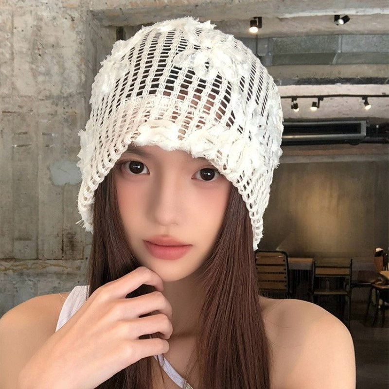 Three Dimensional Flower Head Cap for Women in Spring and Summer Fashionable Hollow Out Breathable Thin Design Big Head Circumference Cold Hat Pile Cap