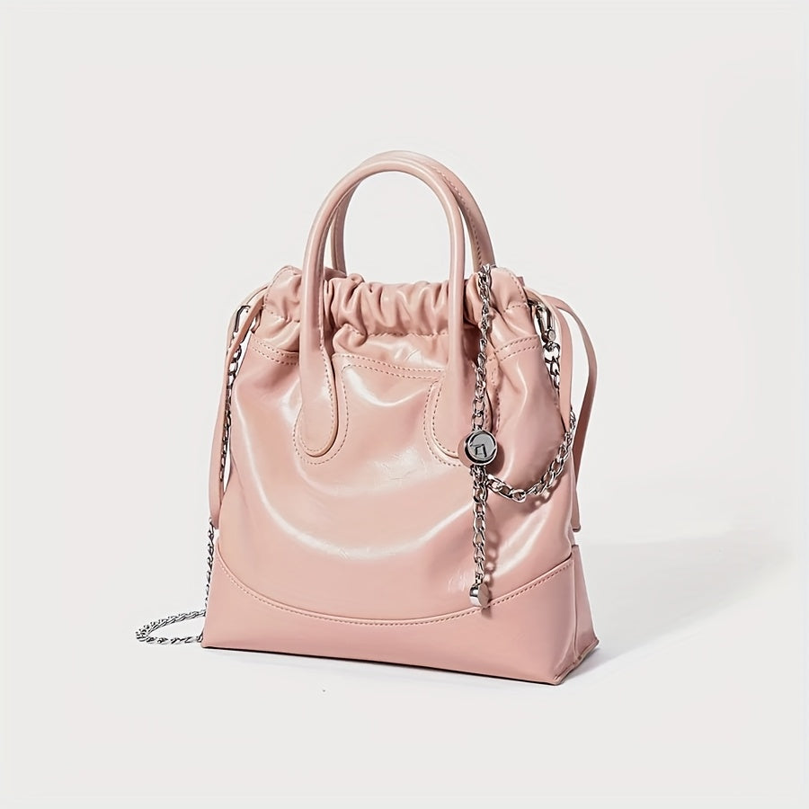 2025 New Women'S Genuine Faux Leather Bucket Bag - Pink Geometric Pattern Commuter Handbag with Adjustable Shoulder Strap, Multiple Compartments & Secure Buckle Closure for Work, Travel, Everyday Use, Versatile Travel Bag, Durable Synthetic Faux Leather