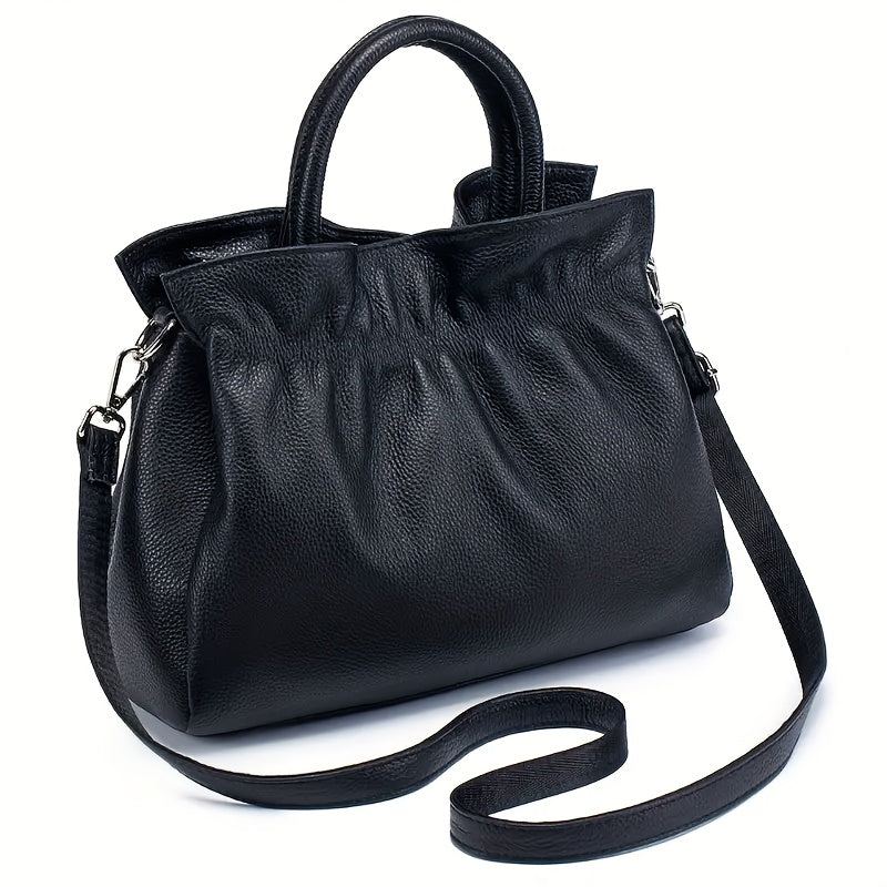 Women's Genuine Leather Tote Bag - Elegant Convertible Crossbody & Shoulder Purse with Secure Zipper Closure, Beige Navy Blue, for Everyday, Office, Formal Events - Women's Elegant Handbag, Polyester Lined Interior