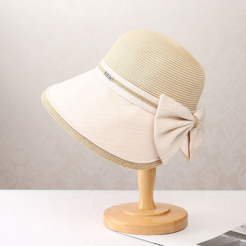 Splicing Grass Fisherman Hat for Women Summer Outdoor and Sunshade Hat Elegant Bow Seaside Folding Sun Hat