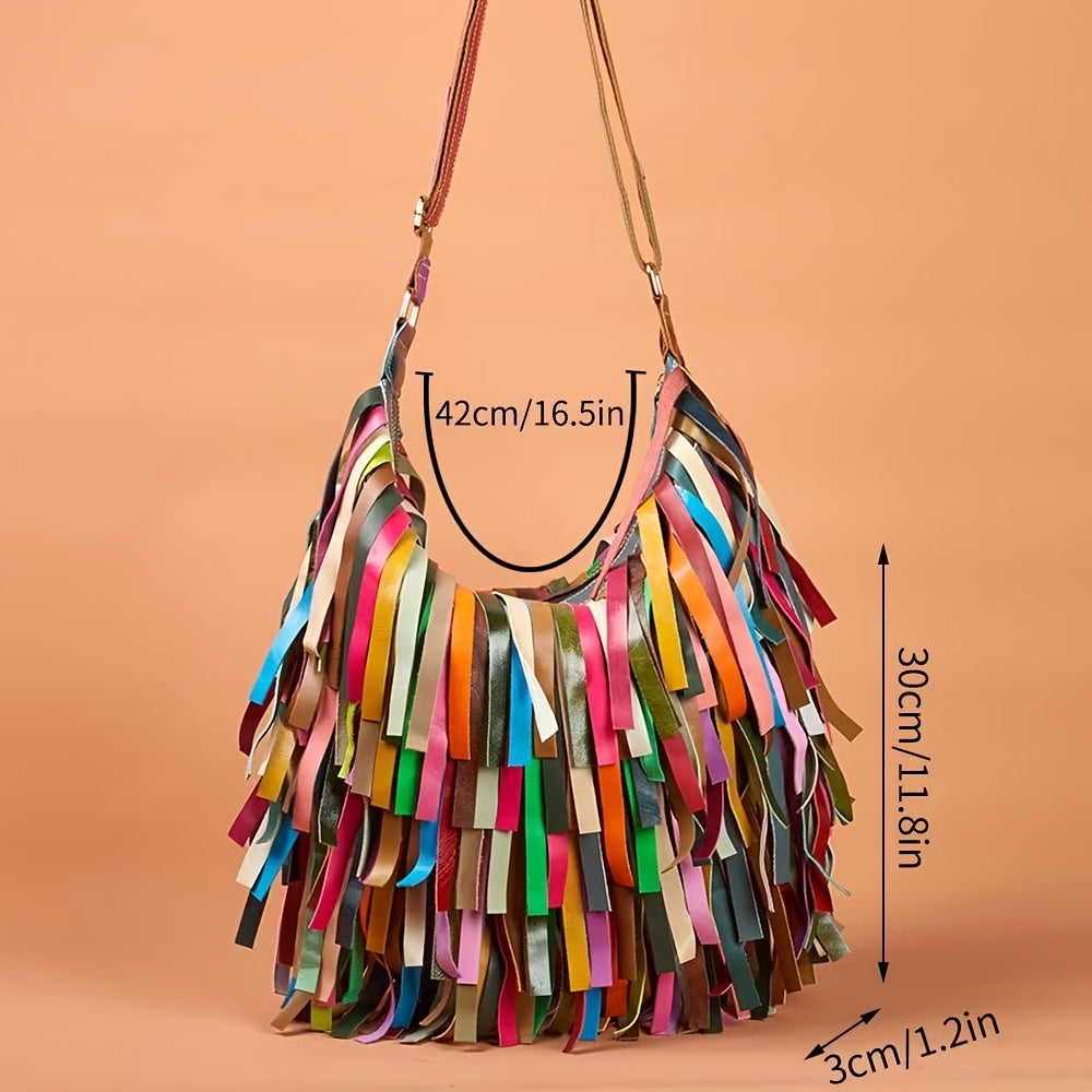 New Women'S Bag Genuine Leather Cowhide Bohemian Retro Fringed Color Contrast One Shoulder Large Capacity Cross Bag