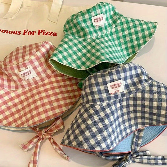 Grid Wide Edge Lace Up Fisherman Hat for Women Summer Big Brim Face Enhancing Small Sun Hat Hat Basin Hat