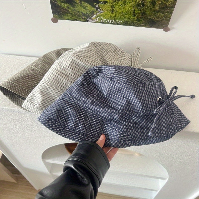 Sweet Navy Blue Plaid Big Brim Hat Ladies Summer Bucket Hat Bow Pot Hat