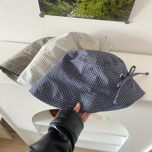 Sweet Navy Blue Plaid Big Brim Hat Ladies Summer Bucket Hat Bow Pot Hat
