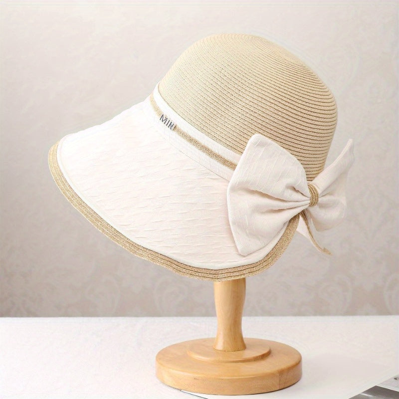 Splicing Grass Fisherman Hat for Women Summer Outdoor and Sunshade Hat Elegant Bow Seaside Folding Sun Hat