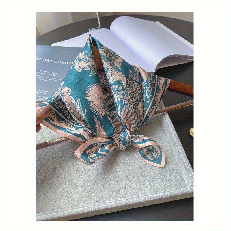 100% Mulberry Silk Scarf, 20.87-inch Blue Tropical Rainforest Print, Elegant Single-Sided Design, Soft and Luxurious, Suitable for Women'S Fashion Accessories