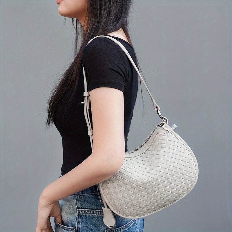 Handmade White Genuine Leather Crescent Moon Crossbody Bag for Women - Adjustable Shoulder Strap, Snap Closure, Minimalist Design for Commuting & Dating, Leather Crossbody Bag, Dating Accessory, Elegant Accessory, Goldtone Hardware, Polished Finish