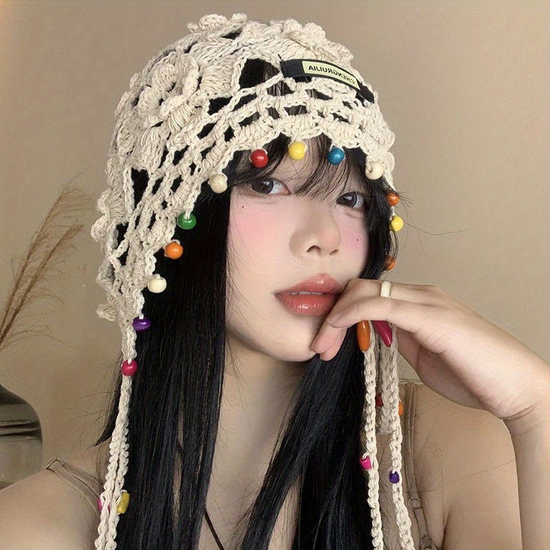 Handmade Bohemian Flower Tassel Headscarf Hat for Women - Ethnic Retro Snug Fit Non-Stretch Cap with Beaded Accents, Casual Festival Outdoor Accessory