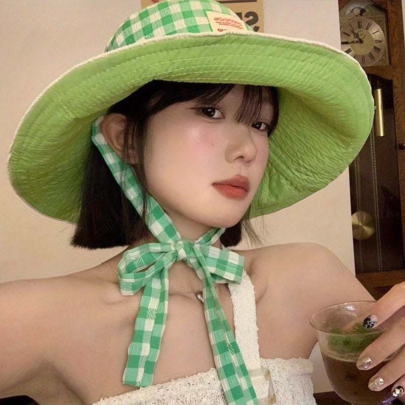 Grid Wide Edge Lace Up Fisherman Hat for Women Summer Big Brim Face Enhancing Small Sun Hat Hat Basin Hat