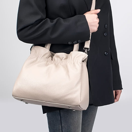 Women's Genuine Leather Tote Bag - Elegant Convertible Crossbody & Shoulder Purse with Secure Zipper Closure, Beige Navy Blue, for Everyday, Office, Formal Events - Women's Elegant Handbag, Polyester Lined Interior