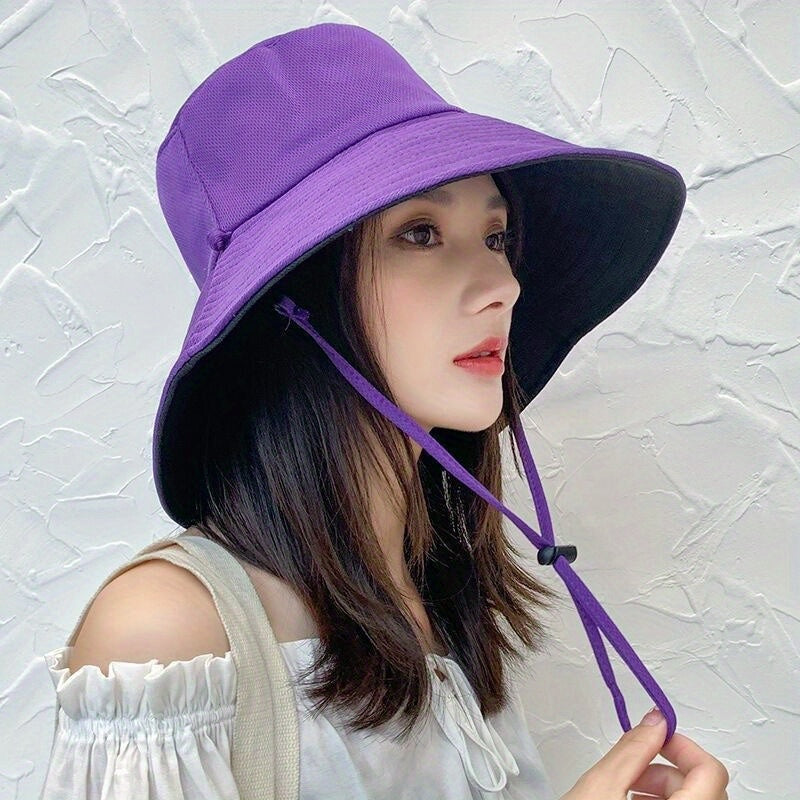 Women's Double-Sided Bucket Hat - Wide Brim, Navy & Beige Two-Tone, Adjustable Chin Strap, Lightweight for Spring\u002FSummer Outdoor Travel & Casual Outings, Hat for, Spring Fashion Accessory, Twotone Design, Comfortable Fit, Summer Fashion Lovers