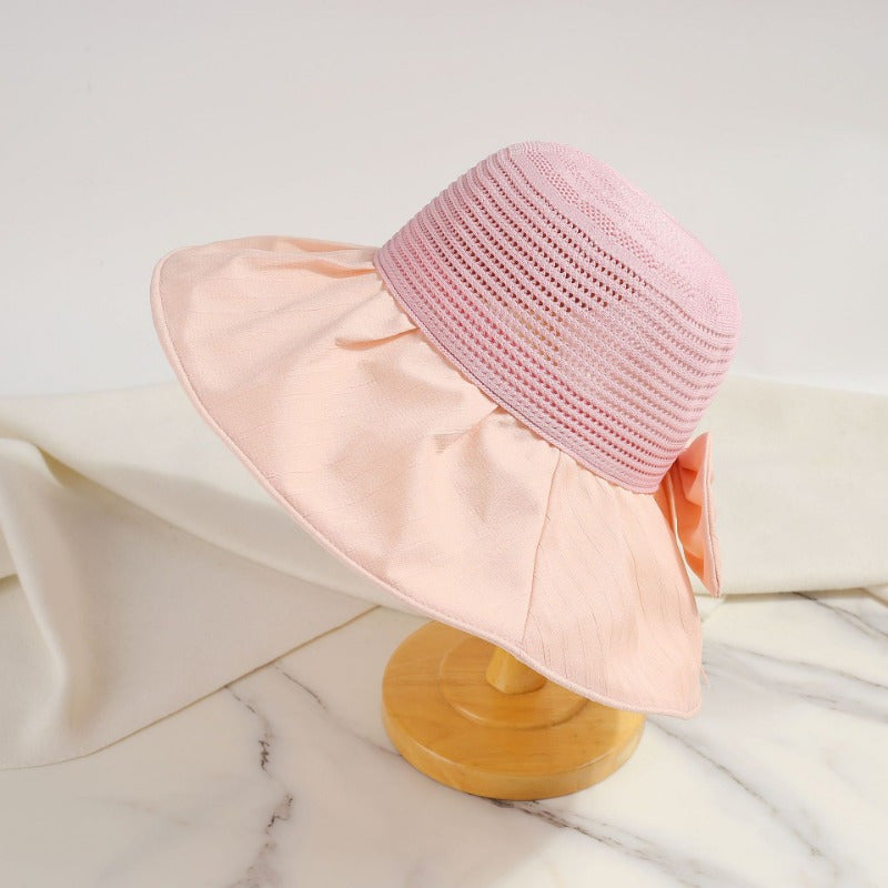 Breathable Large Brimmed Fisherman Hat Women'S Summer Bow Black Rubber Sunshade and Hat Travel Resistant Foldable Hat