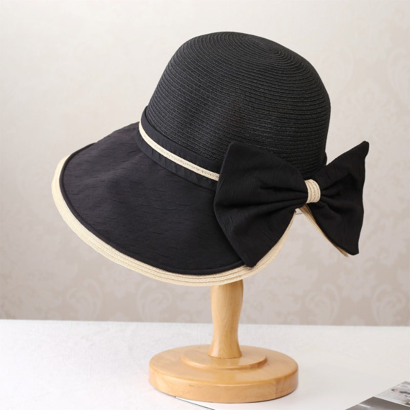 Splicing Grass Fisherman Hat for Women Summer Outdoor and Sunshade Hat Elegant Bow Seaside Folding Sun Hat