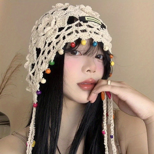 Handmade Bohemian Flower Tassel Headscarf Hat for Women - Ethnic Retro Snug Fit Non-Stretch Cap with Beaded Accents, Casual Festival Outdoor Accessory