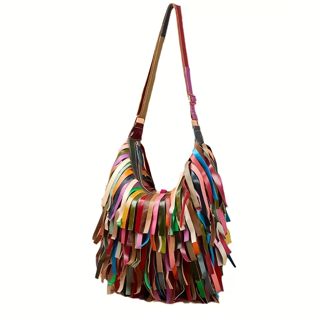 New Women'S Bag Genuine Leather Cowhide Bohemian Retro Fringed Color Contrast One Shoulder Large Capacity Cross Bag