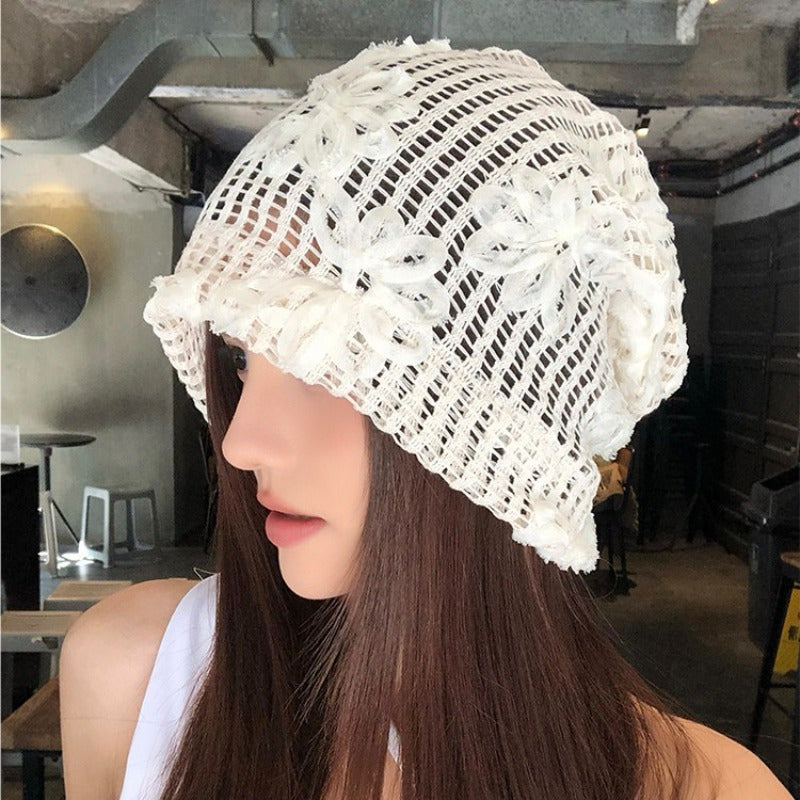 Three Dimensional Flower Head Cap for Women in Spring and Summer Fashionable Hollow Out Breathable Thin Design Big Head Circumference Cold Hat Pile Cap