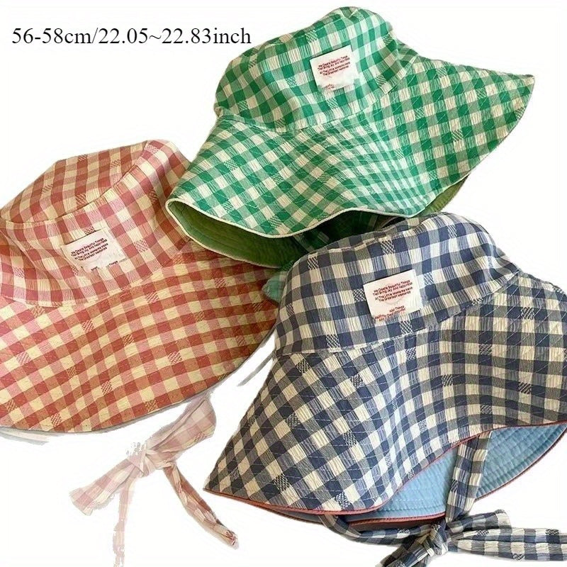 Grid Wide Edge Lace Up Fisherman Hat for Women Summer Big Brim Face Enhancing Small Sun Hat Hat Basin Hat
