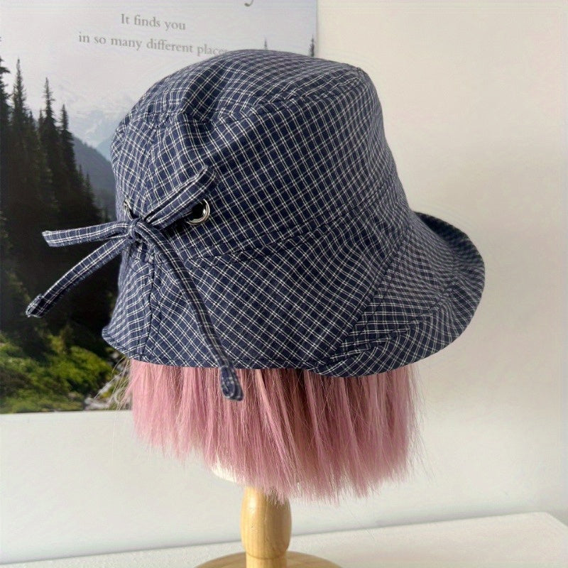 Sweet Navy Blue Plaid Big Brim Hat Ladies Summer Bucket Hat Bow Pot Hat